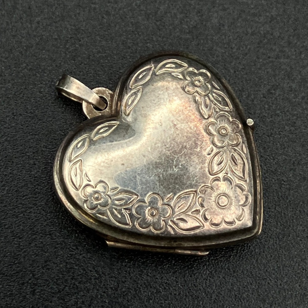 Vintage Heart Locket Pendant Sterling Silver Floral Etched Signed mm 1 x 1"